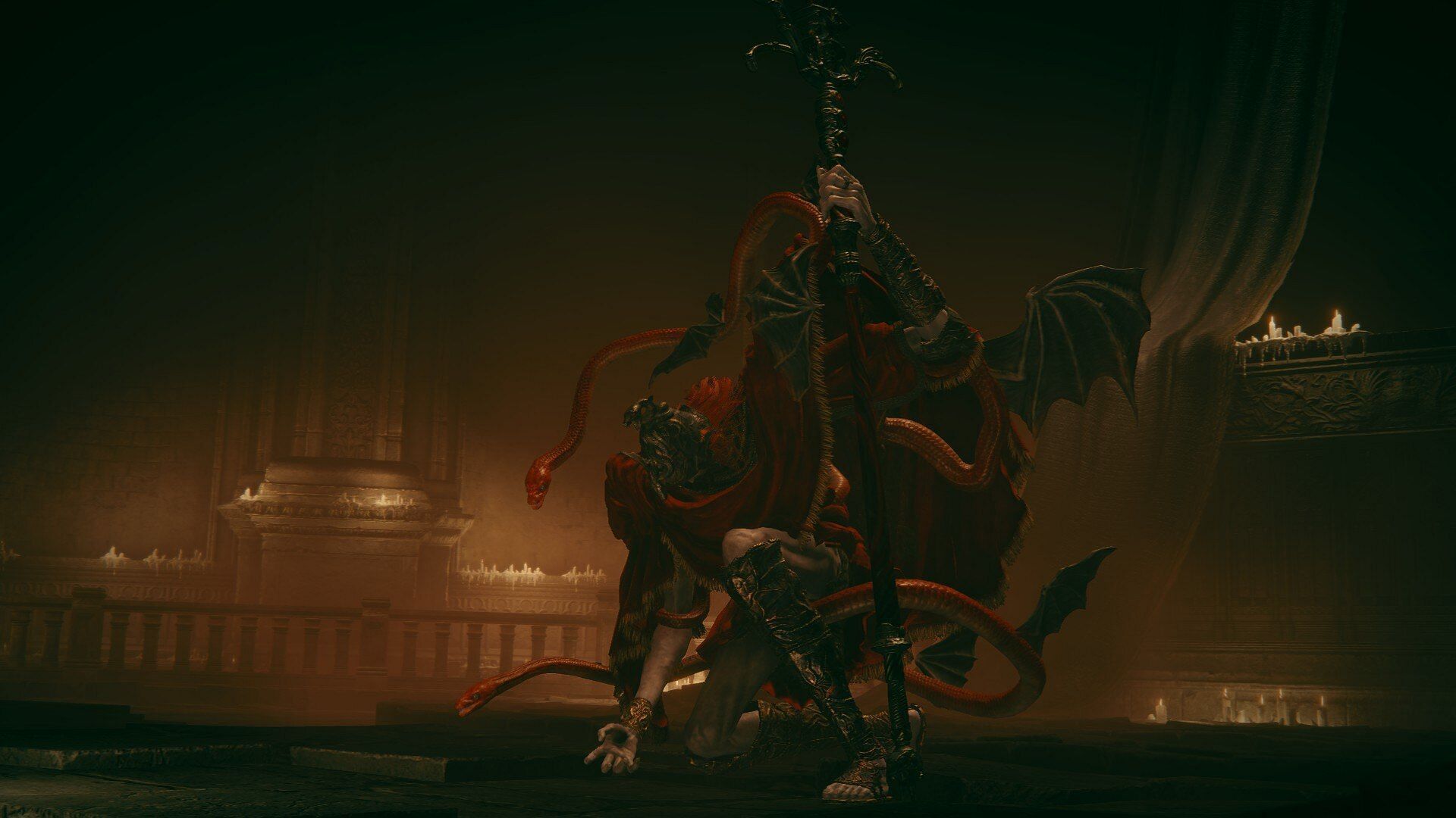 Messmer the Impaler's second phase can be a bit of trouble if you don't dodge his Abyssal Serpent attacks in time (Image via FromSoftware)